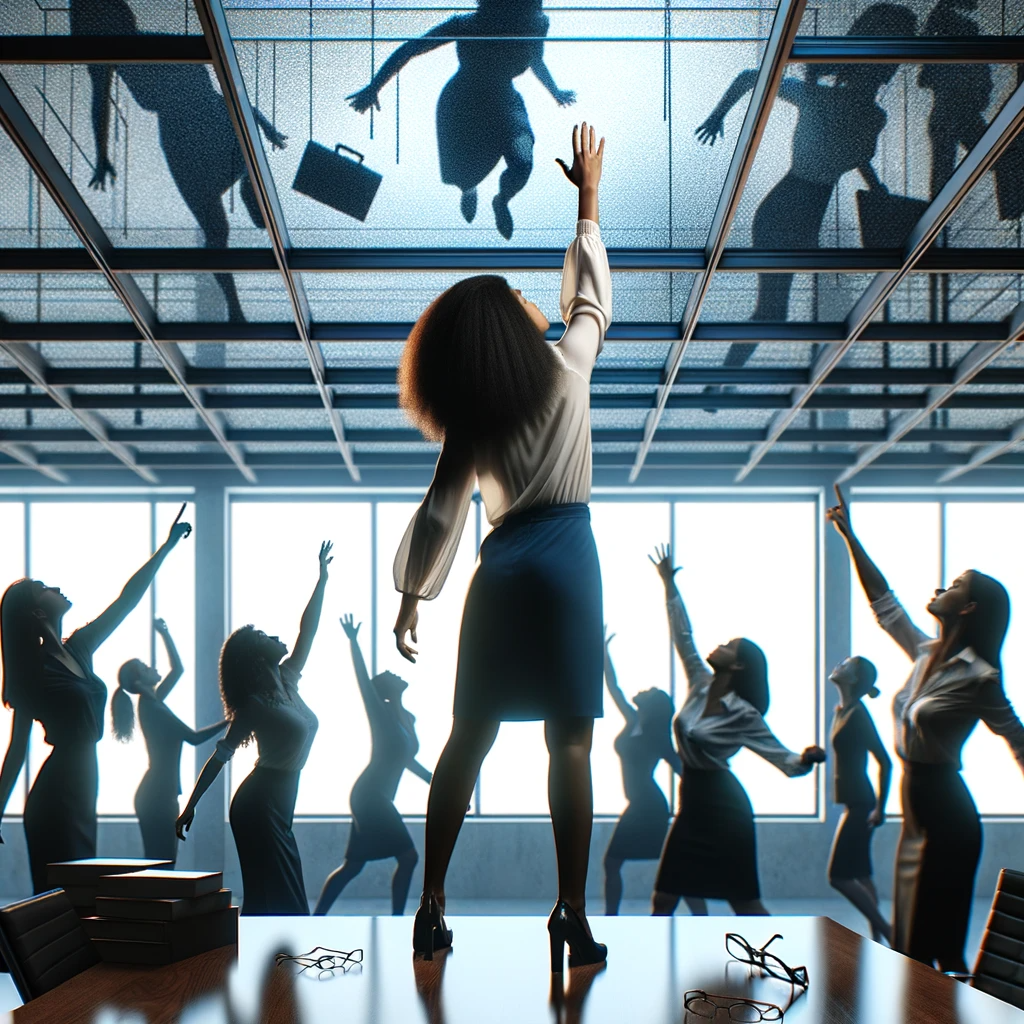 photo depicting a metaphorical scene of a young african american woman reaching towards a glass ceiling