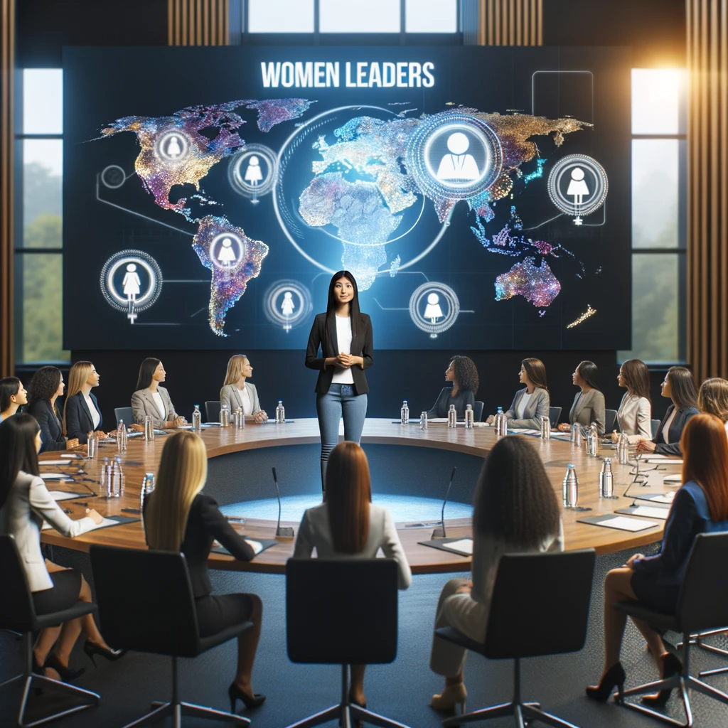 photo of a conference room with a large round table where diverse women leaders are gathered for a summit in the center a young hispanic woman stand