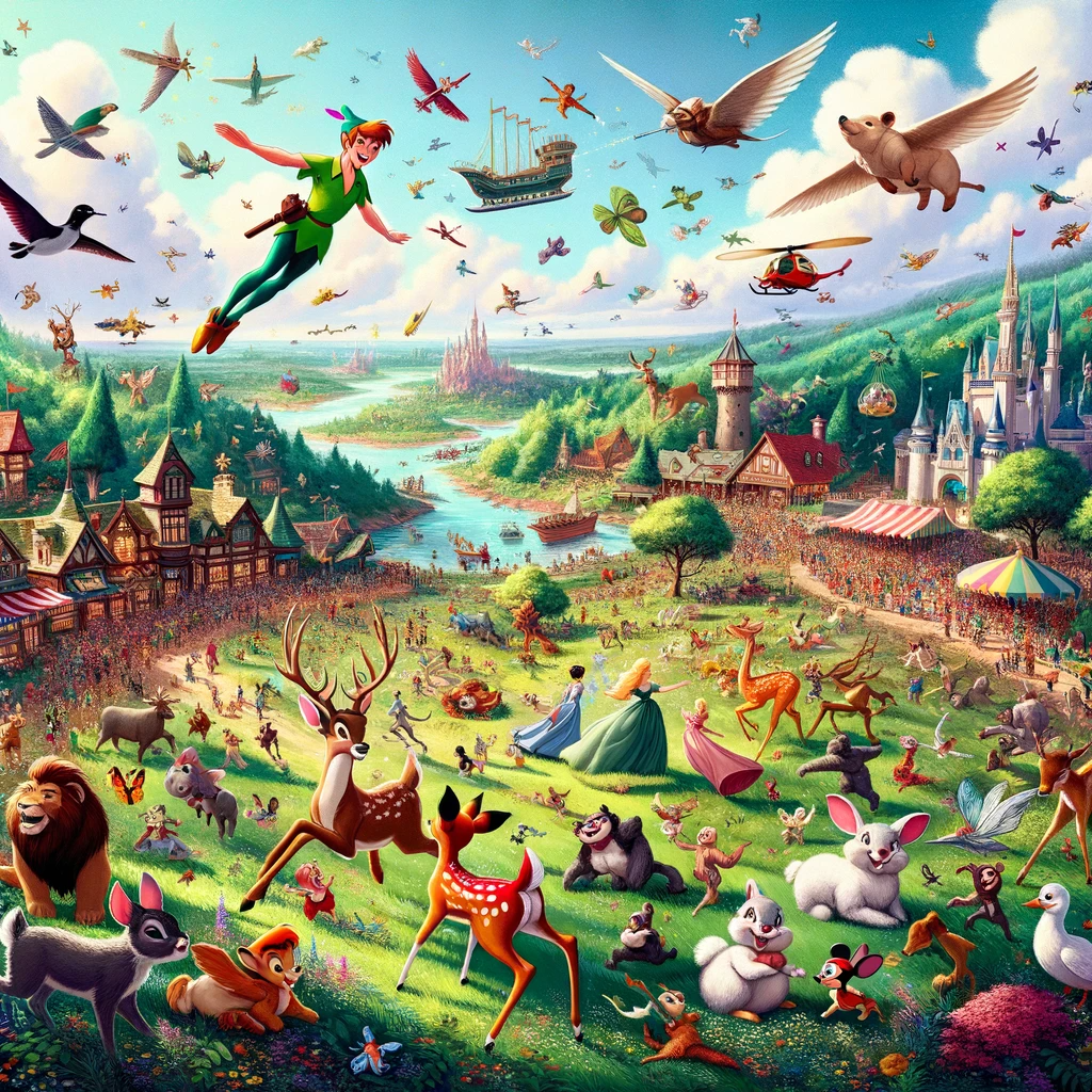 dalle 2023 10 18 163516 illustration a whimsical landscape filled with iconic disney heroes from peter pan flying overhead to bambi frolicking in the meadow the scene is b