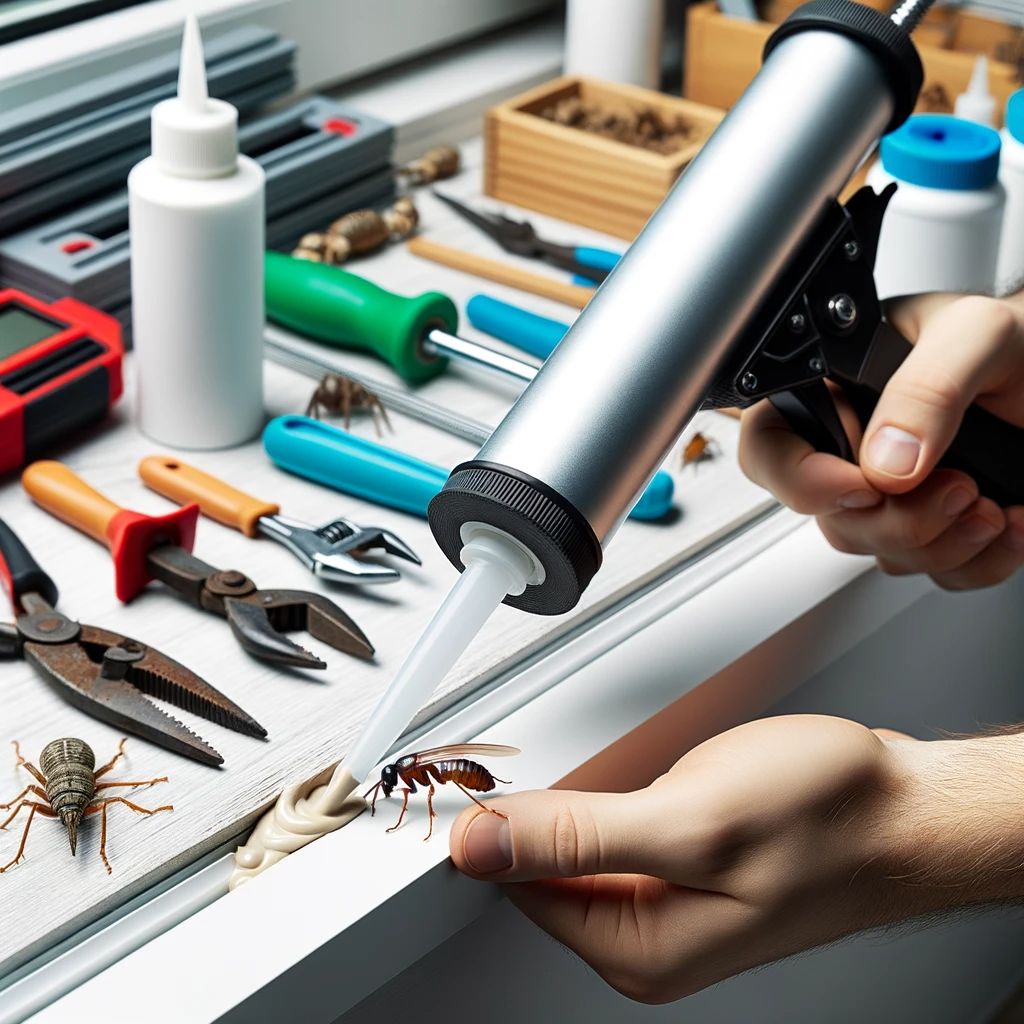 dalle 2023 10 19 101455 photo a close up of a professional sealing a small gap in a window frame using a caulking gun with a focus on the sealant being applied in the back