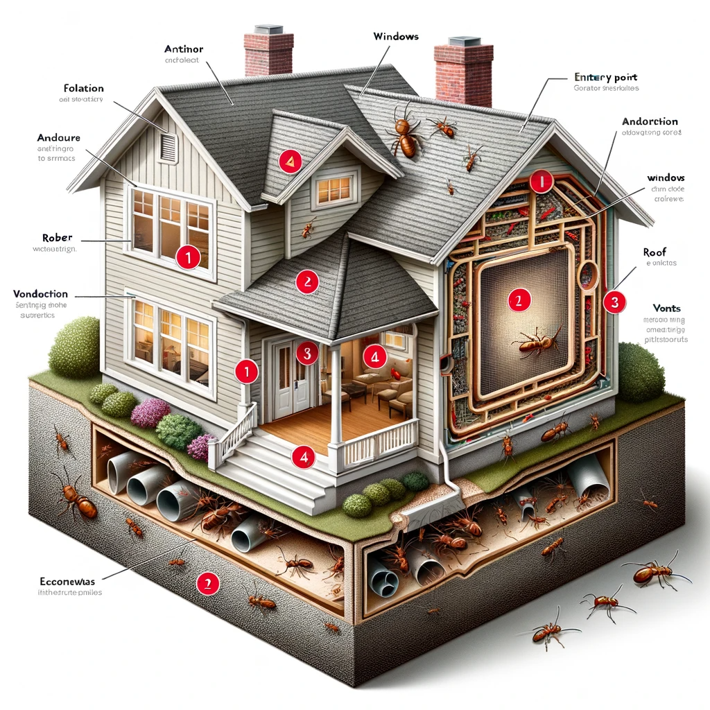 dalle 2023 10 19 101458 illustration a detailed cutaway view of a house showing potential entry points for pests like the foundation windows roof and vents each entry p