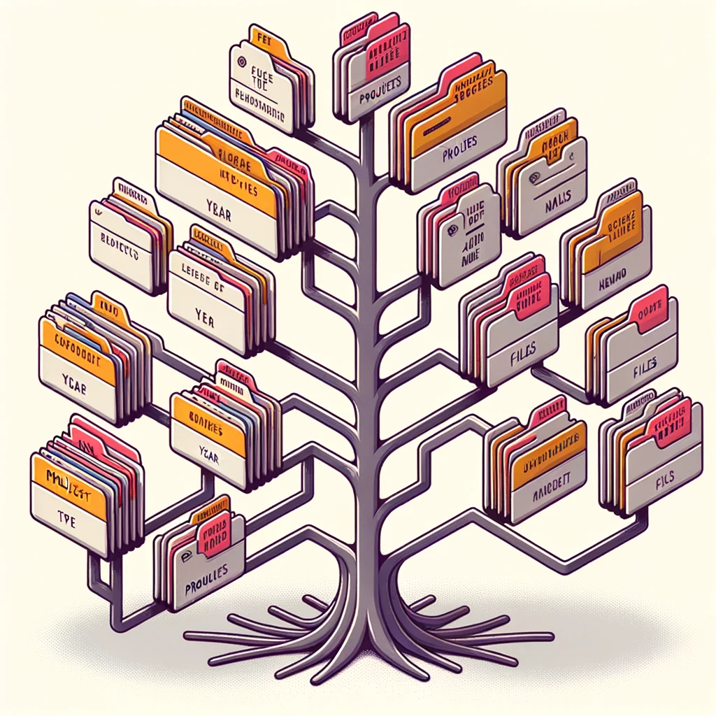 dalle 2023 10 19 142100 illustration a visual representation of a file hierarchy tree branching out to show folders sub folders and files each branch has labels such as