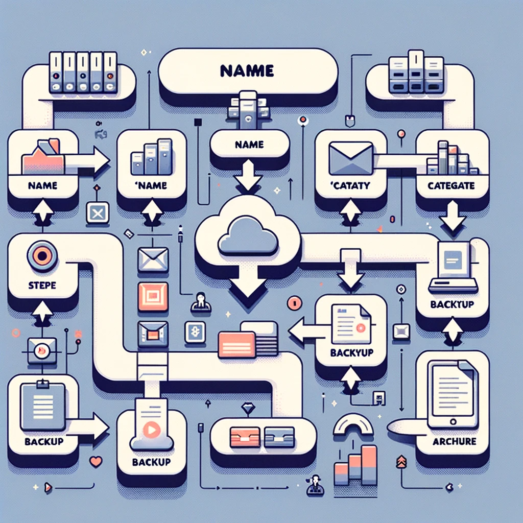 dalle 2023 10 19 142105 illustration an animated flowchart detailing the process of organizing digital assets from the initial creation of a file to its final storage icon