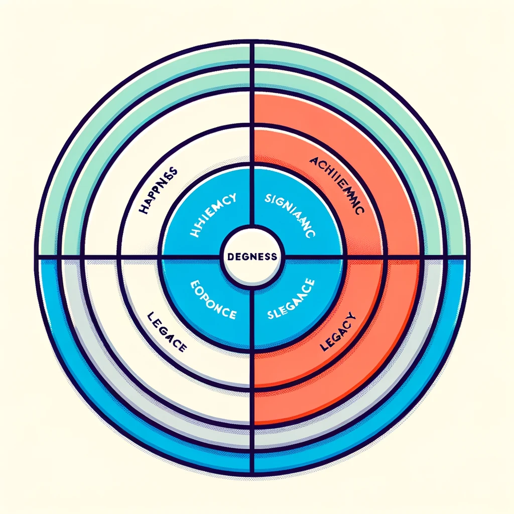 dalle 2023 10 19 085129 illustration a professional and full color diagram showcasing four intersecting circles each circle is labeled happiness achievement signifi
