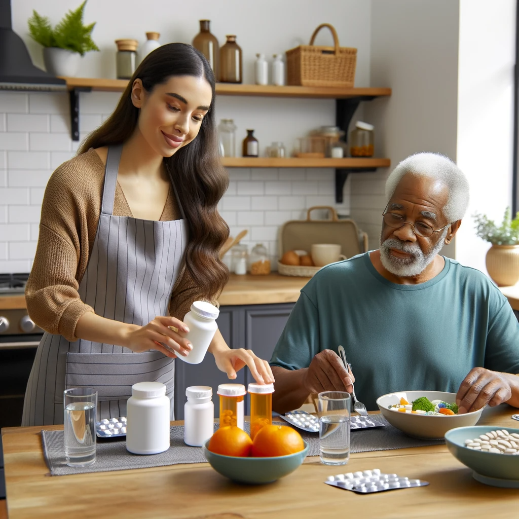 photo of a personal care assistant of hispanic descent preparing a meal in a bright modern kitchen for an elderly african american man seated