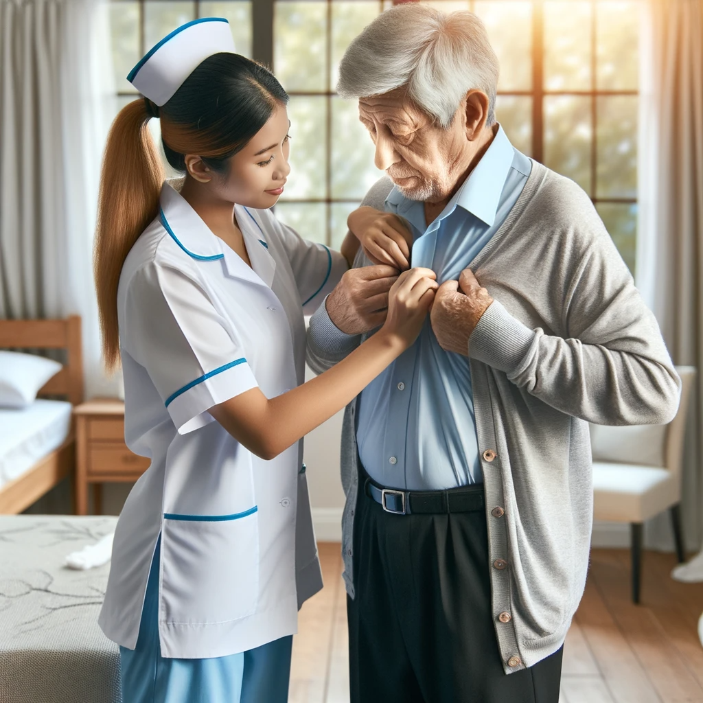 photo of a personal care assistant of south asian descent helping an elderly