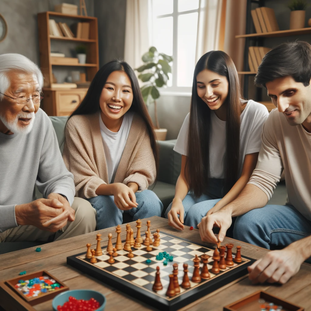photo of a diverse group of people including an elderly east asian male a young hispanic female and a south asian male in his thirties playing boa