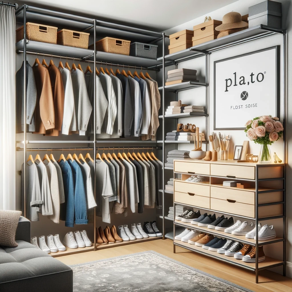 photo of a modern well organized walk in closet featuring platos closet organizer the closet showcases neatly arranged clothes shoes and accessor