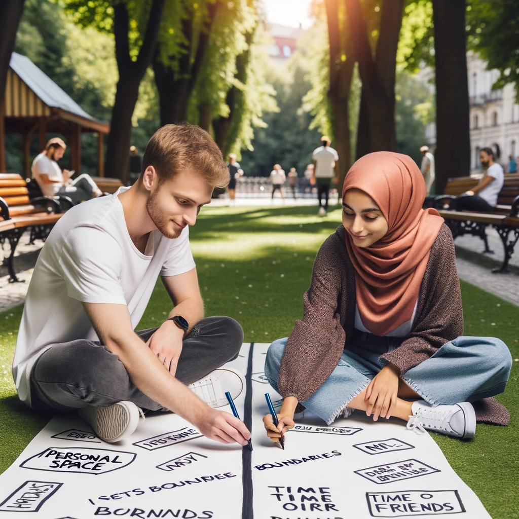 photo of two people a white male and a middle eastern female sitting in a park they are drawing lines on a large white poster symbolizing setting