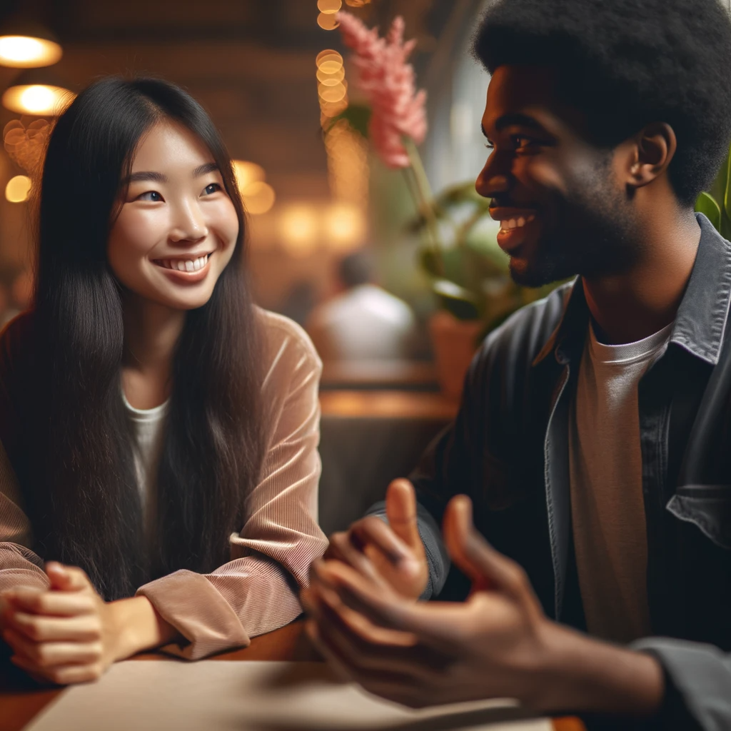 photo of two people of different genders sitting at a cozy cafe deeply engaged in conversation one person is an asian female smiling as she listens