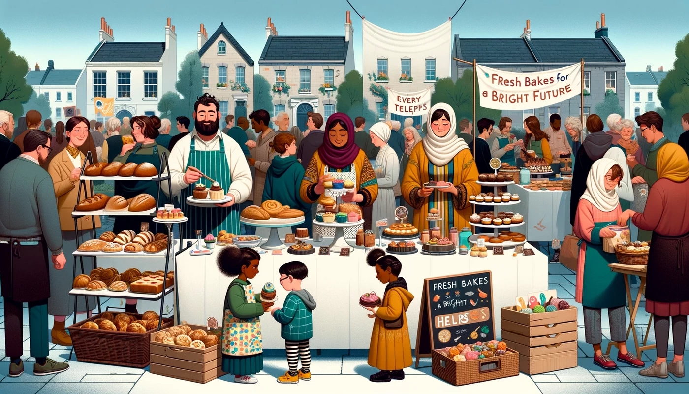 1a bustling bake sale event under the theme 1a modern take on traditional bake sales featuring a diverse group of people of various descents and gend