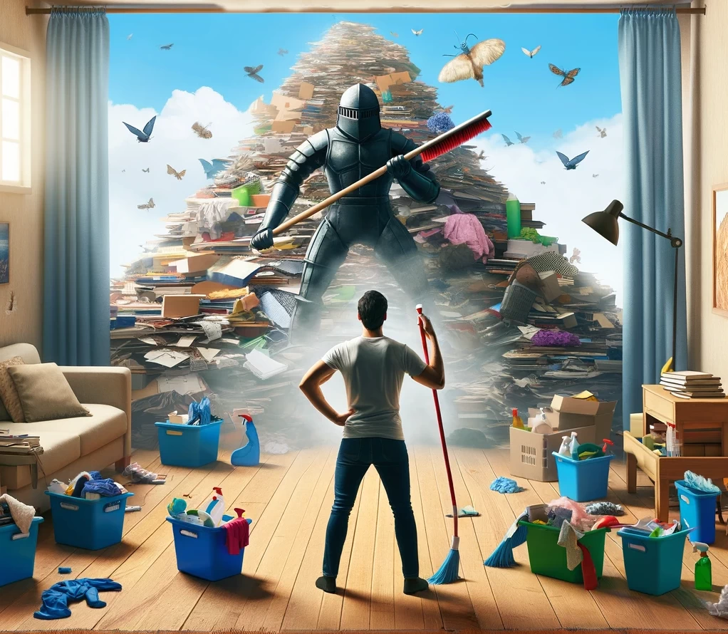 2a visually engaging image portraying a metaphorical battle against clutter a person stands with determination in a room armed with cleaning supplies