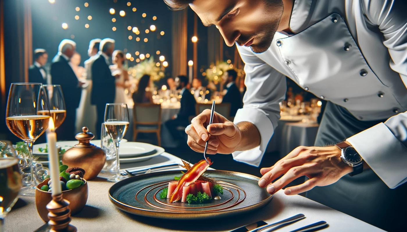 a close up image of a catering chef artistically plating a gourmet dish at an event