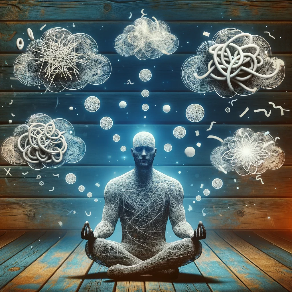 a conceptual image illustrating the psychological aspect of decluttering showing a person sitting in a meditative pose surrounded by thought bubbles