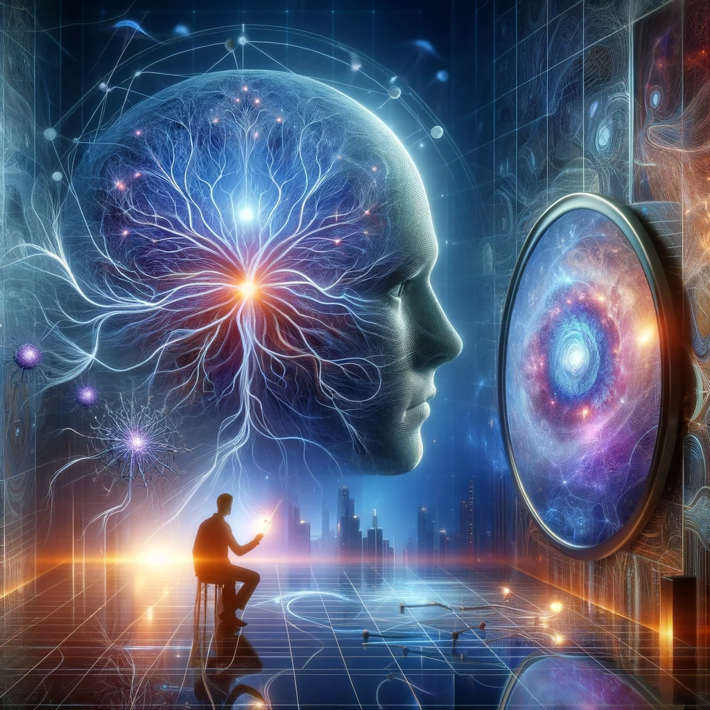 a conceptual image representing the idea of reflecting on the conscious mind with visual elements such as a web of neurons a person looking into a m