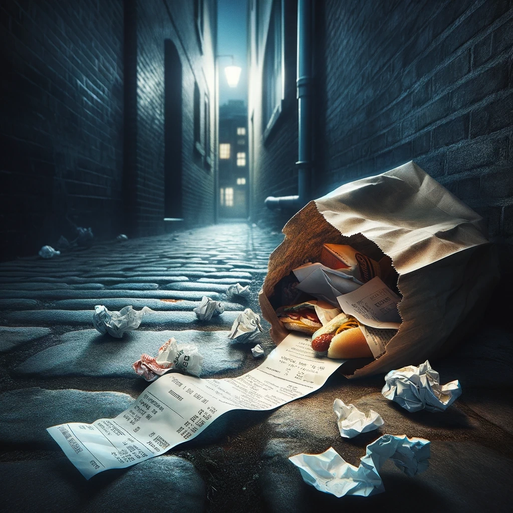 a discarded bag amidst a dark alley partly open with a receipt sticking out amongst other contents like a half eaten sandwich and crumpled papers th