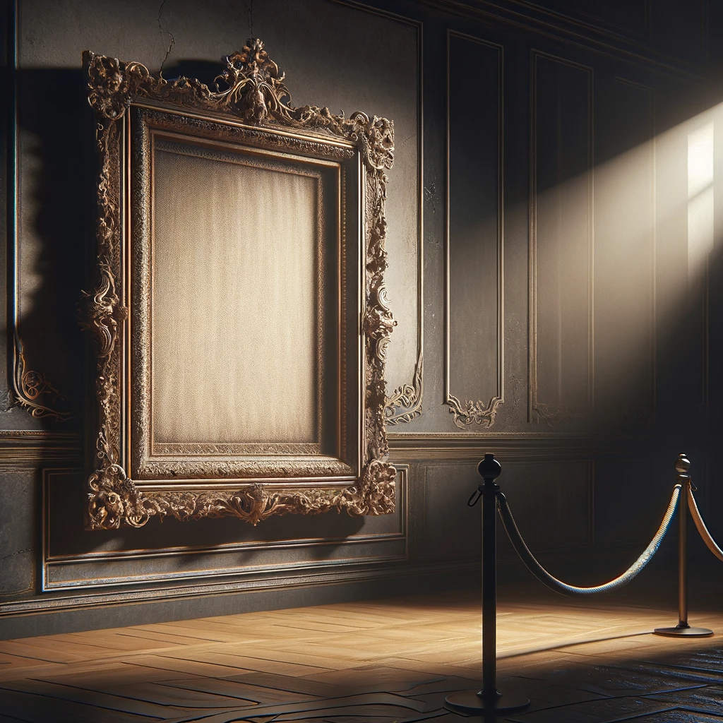 a hauntingly empty art gallery with visible signs of a break in such as a broken window or disturbed velvet ropes the focus is on an empty