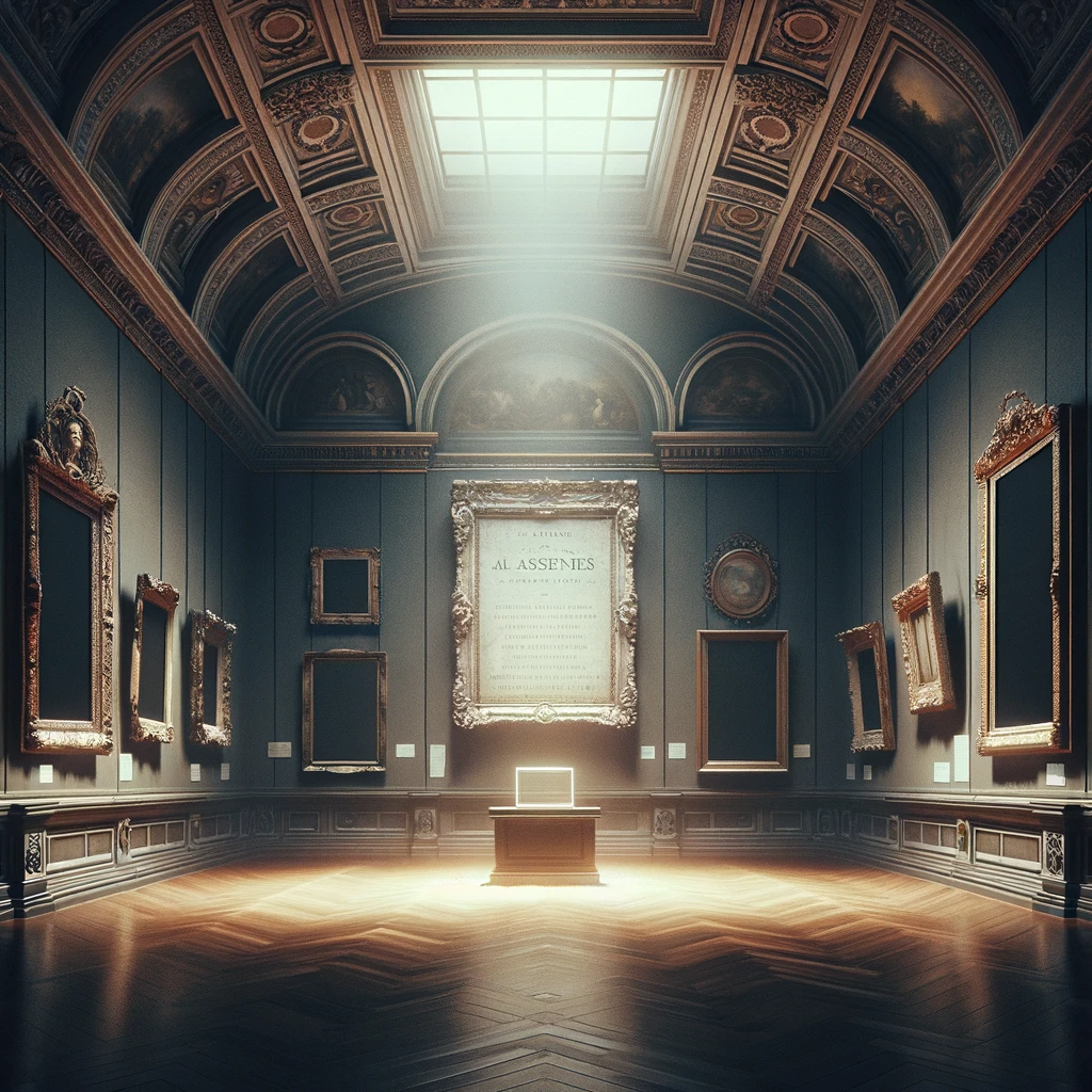 a melancholic scene of a grand ornate museum gallery with empty frames on the walls symbolizing the absence of stolen masterpieces the room should