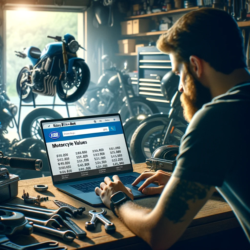 a motorcyclist in a well lit garage surrounded by tools and motorcycle parts with a laptop open to the kelley blue book website showing motorcycle v