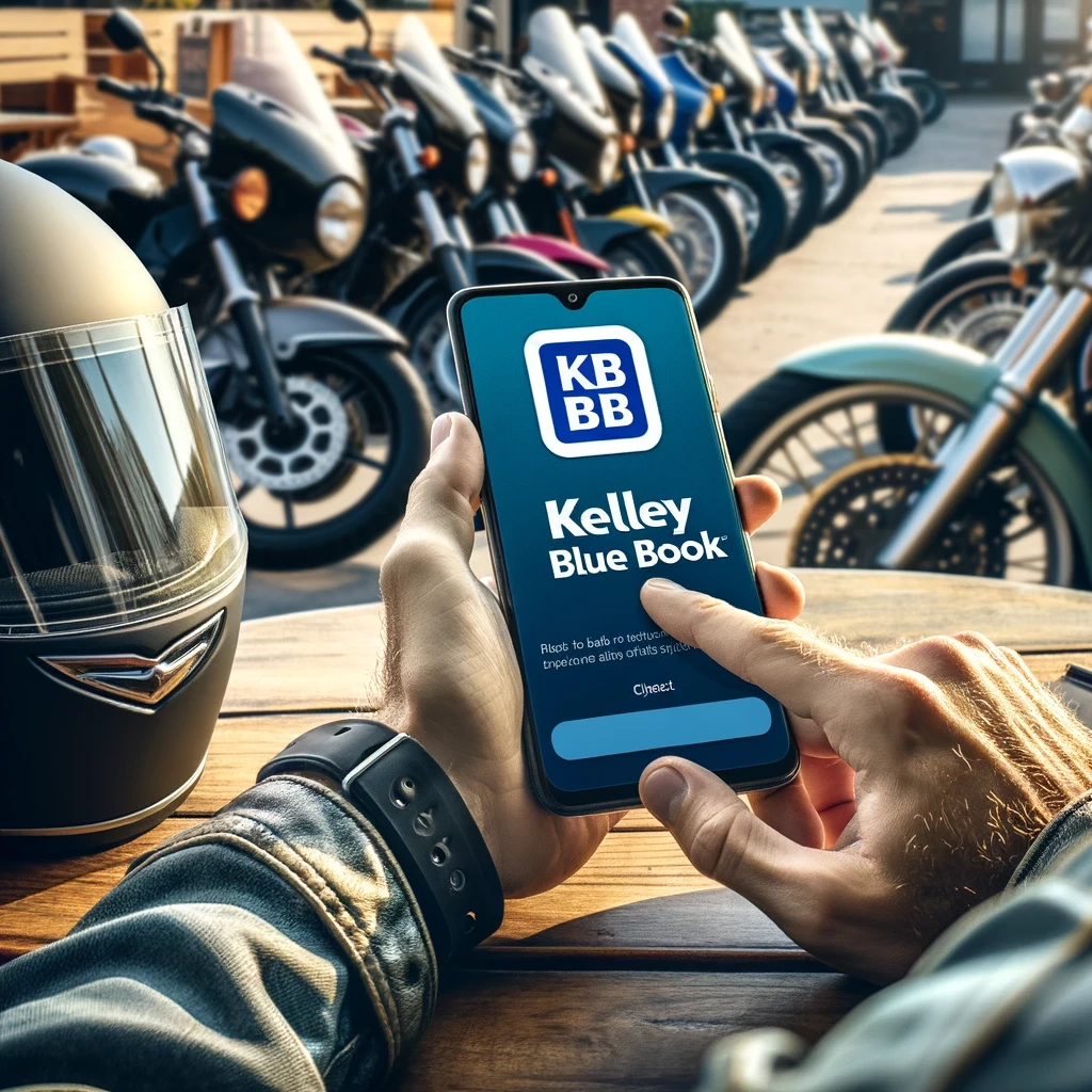 a motorcyclist using a smartphone to check bike values on kelley blue books website with a clear view of the kbb logo on the screen and a diverse ra