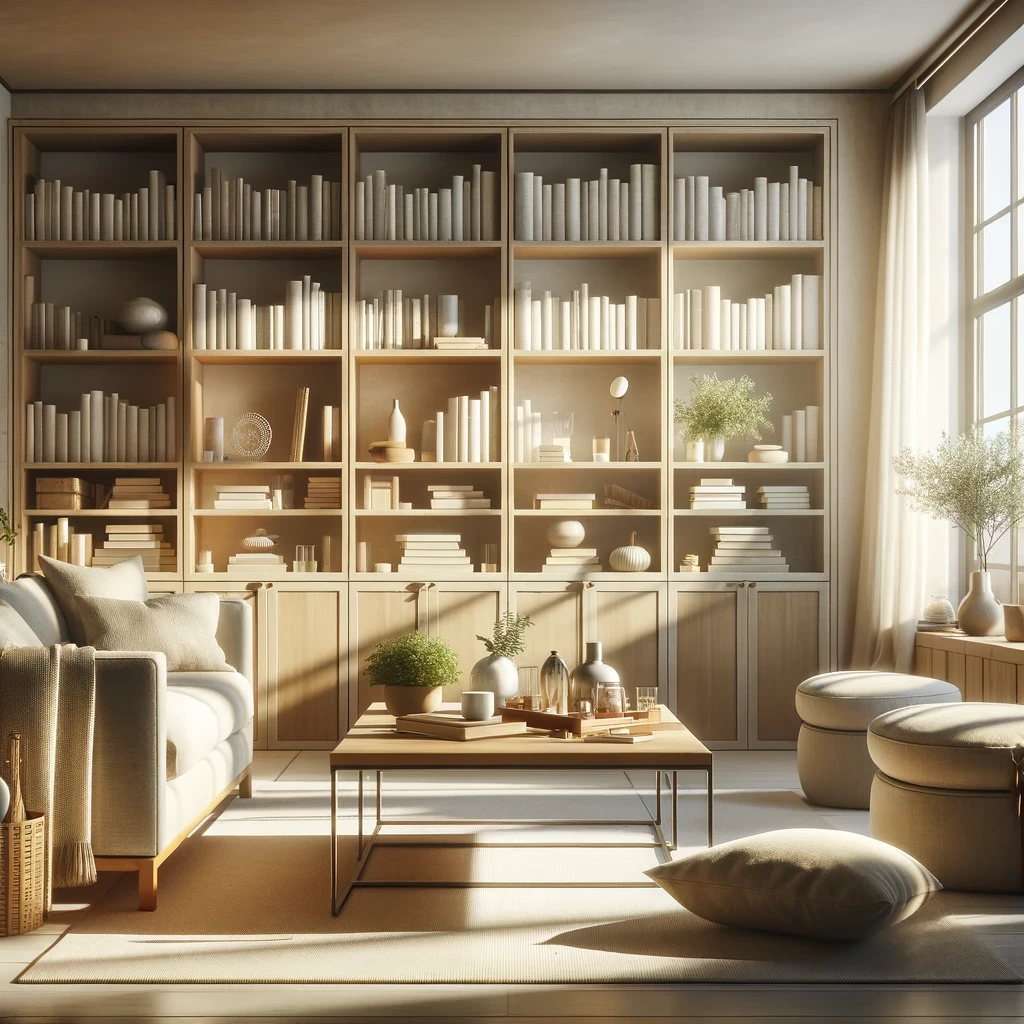 a peaceful sunlit living room with an open floor plan showcasing an organized bookshelf a decluttered coffee table and comfortable seating the sp