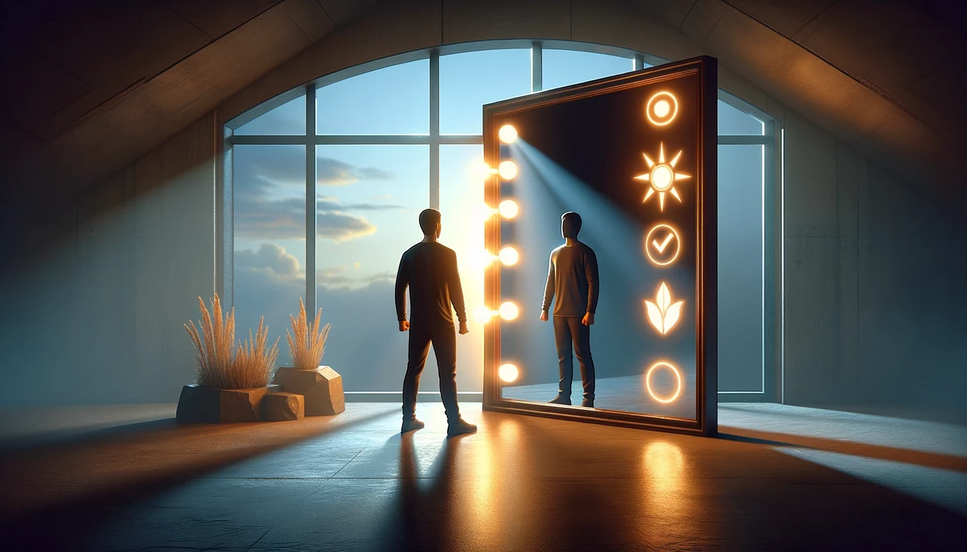 a person standing in front of a large mirror reflecting on their image
