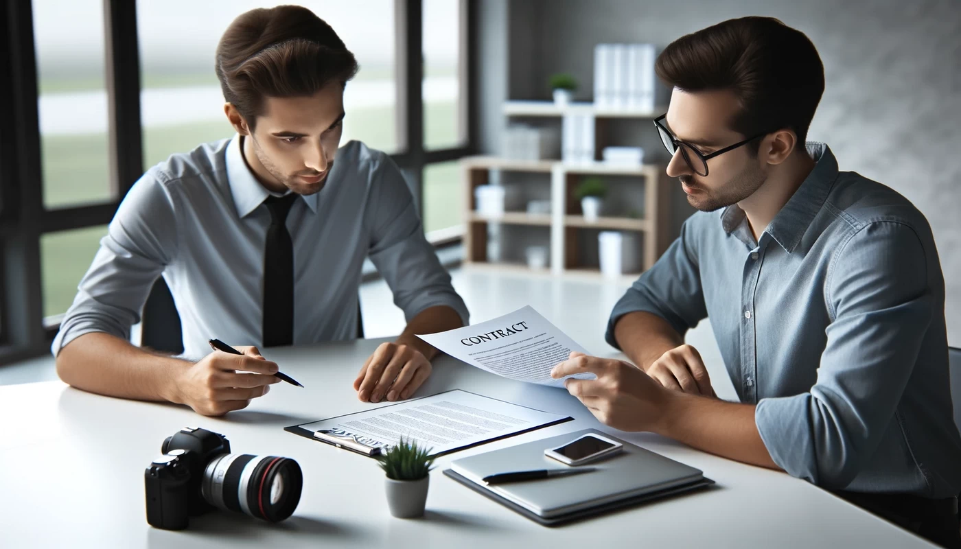 a professional meeting scene showing a client and photographer discussing a contract