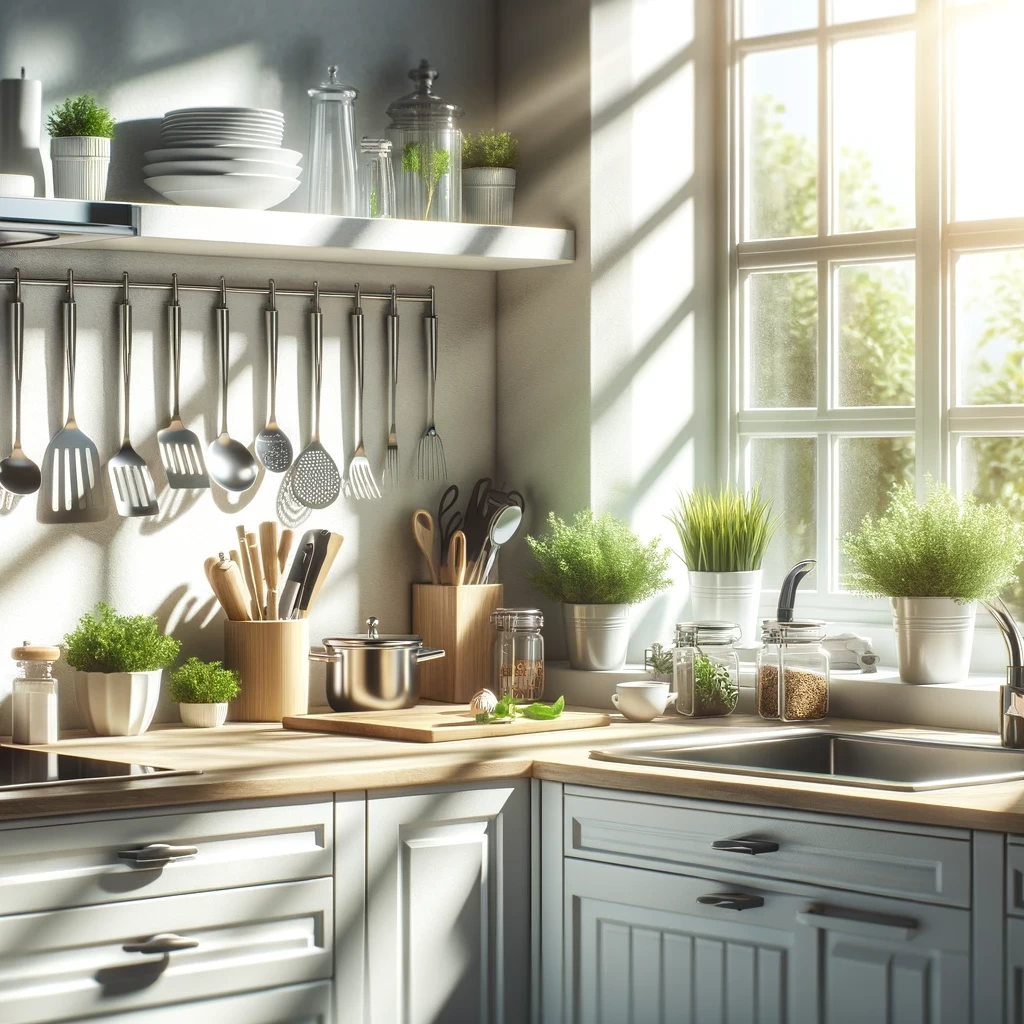 a spotless modern kitchen interior with sunlight streaming through a window onto a clean countertop with organized utensils shining appliances and p