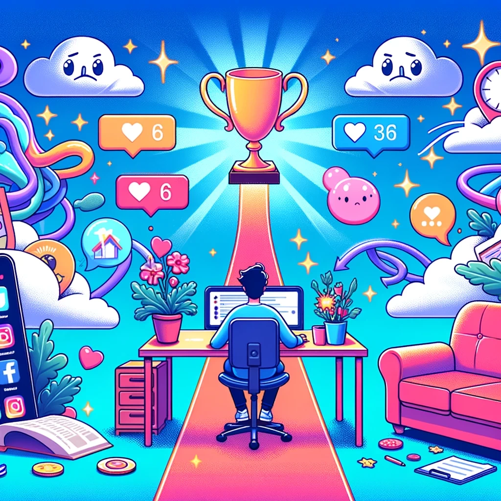 a vibrant scene of a person sitting at a desk surrounded by distractions like social media notifications daydreaming clouds