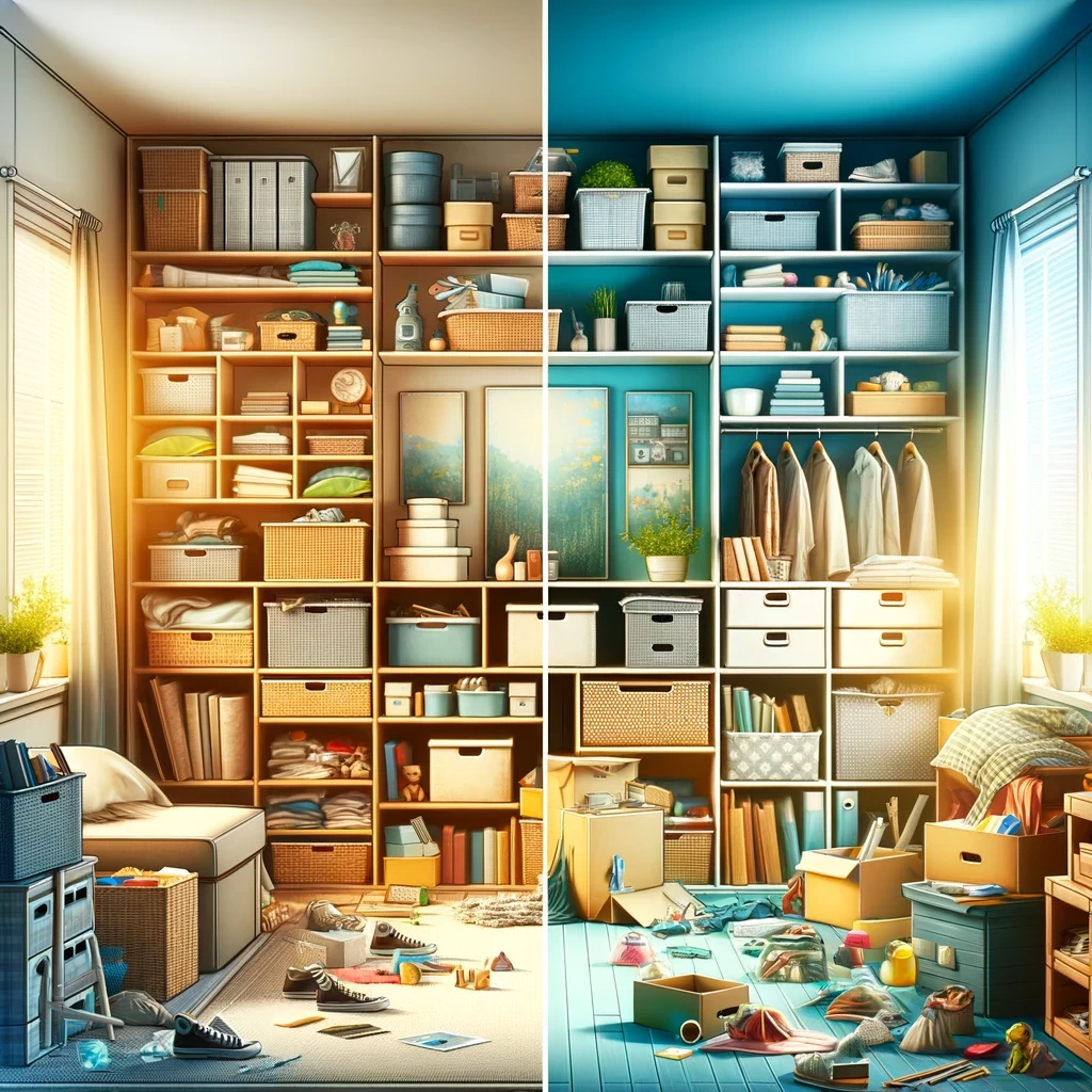 a visually appealing image illustrating the concept of organizing and decluttering a living space with a focus on making room by managing clutter th