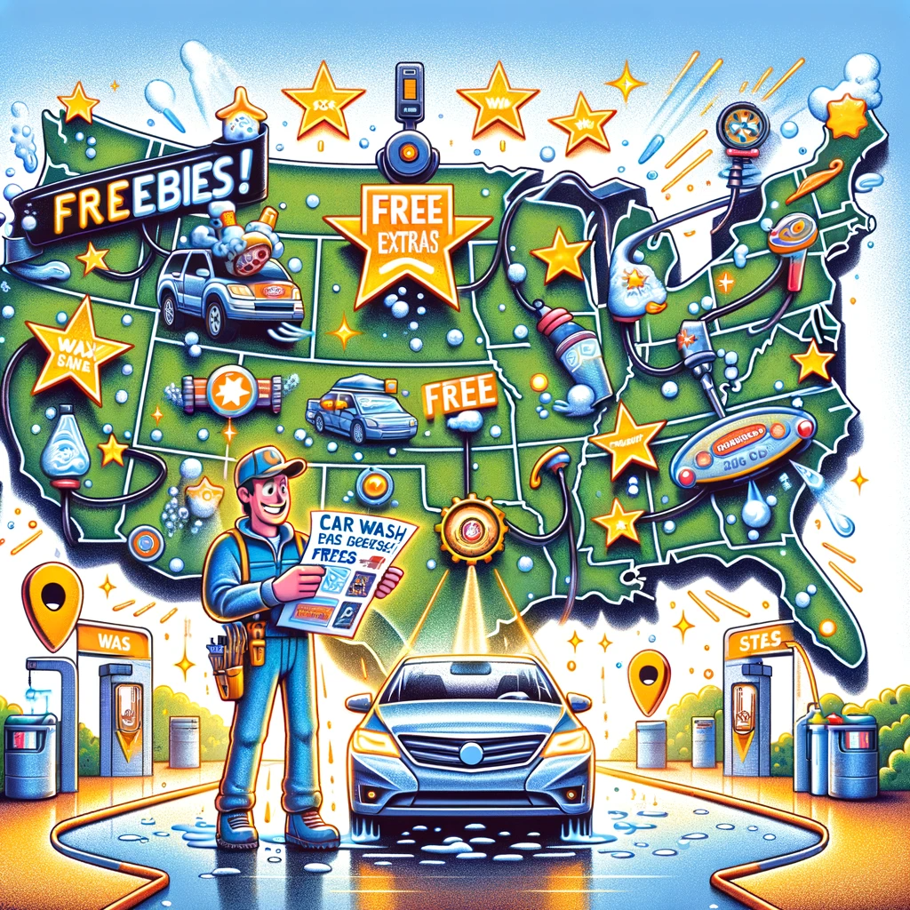 a whimsical illustration of a car enthusiast holding a map marked with various car wash locations across america each with a shining star an