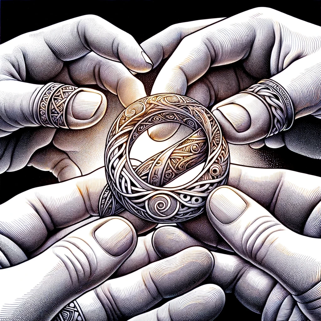 an artistic representation of two hands exchanging a beautifully crafted friendship ring with intricate designs that symbolize unity and connection
