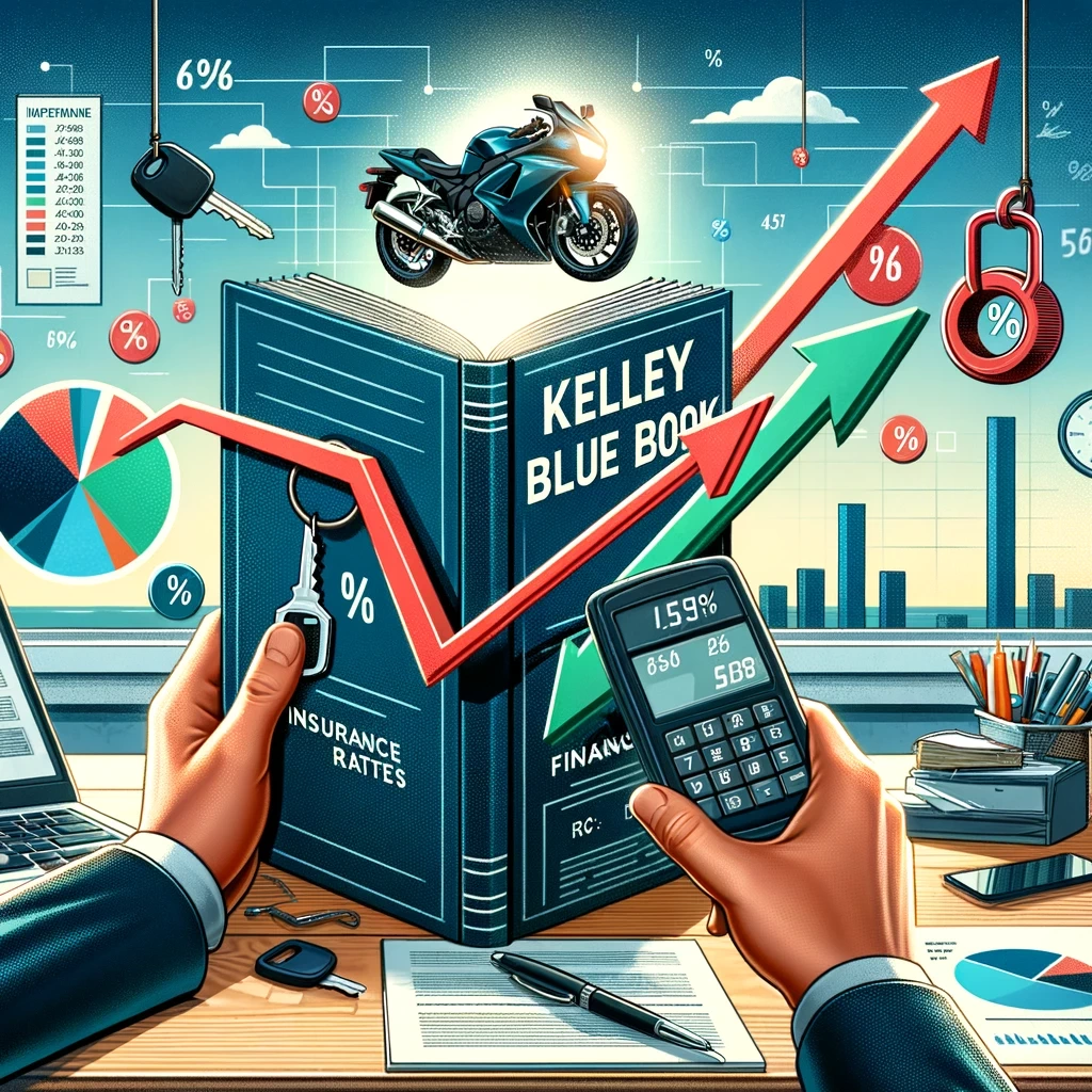 an illustration showcasing the influence of kelley blue book on insurance rates and financing options for motorcycles the image should depict a scene