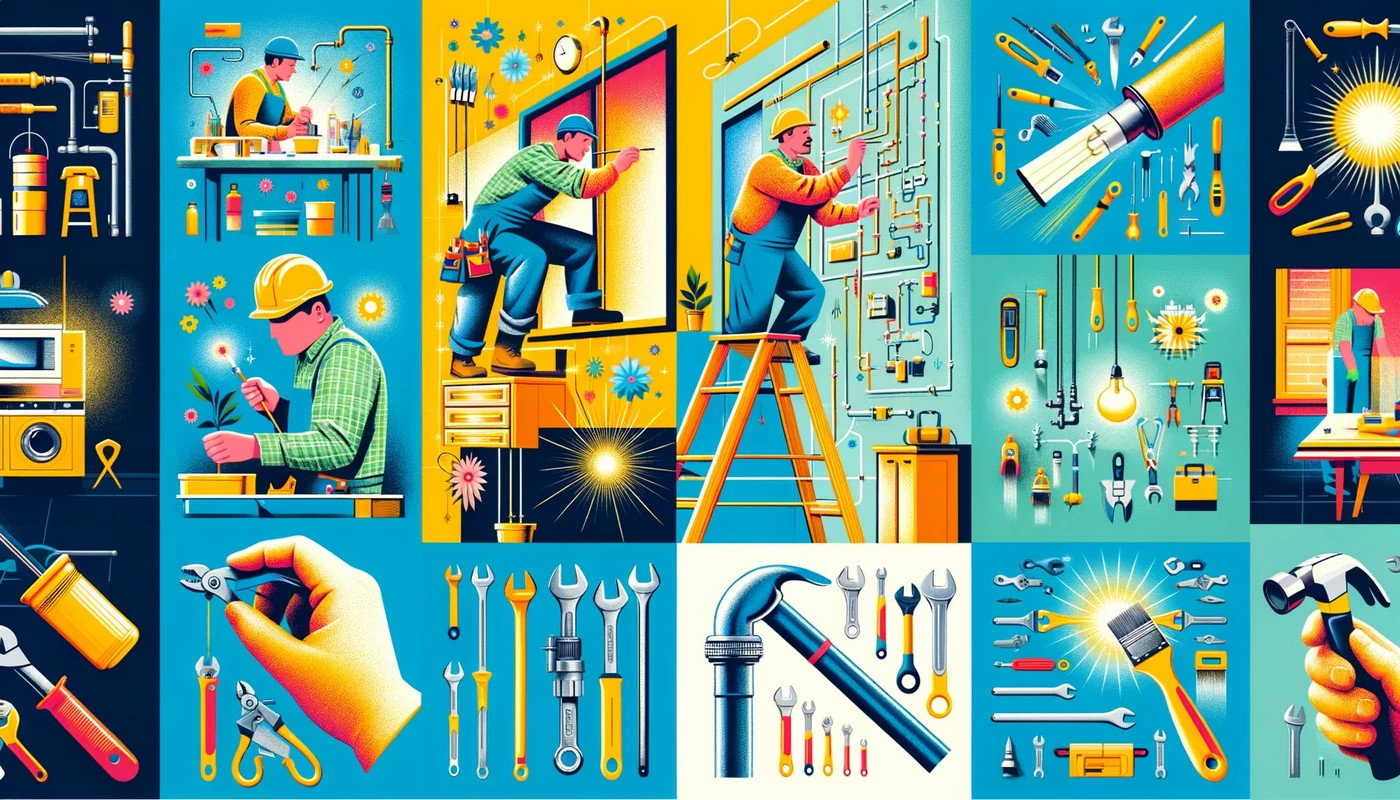 an illustrative and detailed image depicting a collage of various tasks a handyman can handle the image should show a handyman skillfully performing