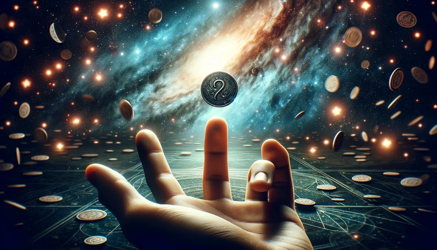 an image depicting a hand tossing a coin against a backdrop of a cosmic sky filled with stars