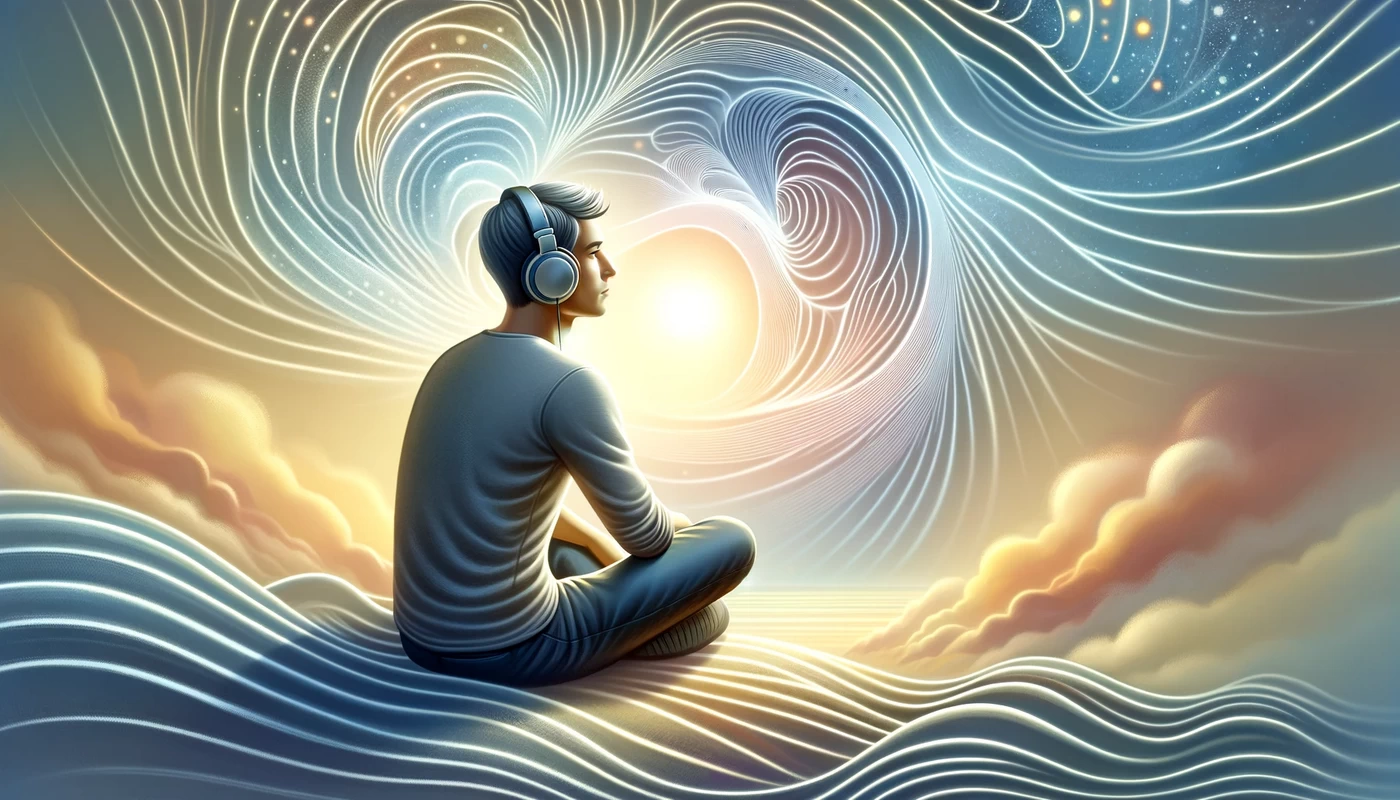 an image depicting a person sitting in a relaxed and thoughtful pose wearing headphones