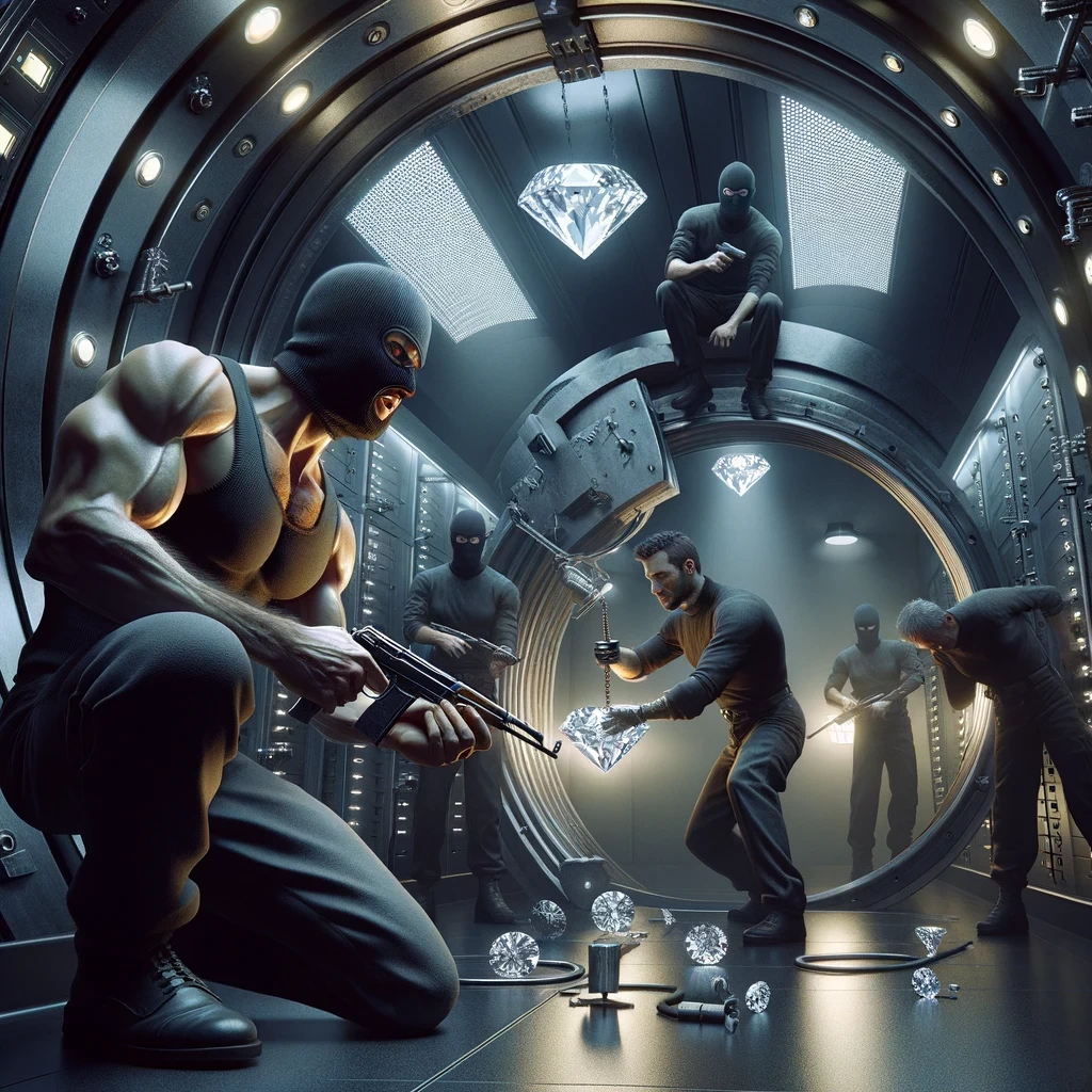 an intense scene inside the vault of a diamond center where a team of thieves is at work one muscular figure is vigilant while another with precision