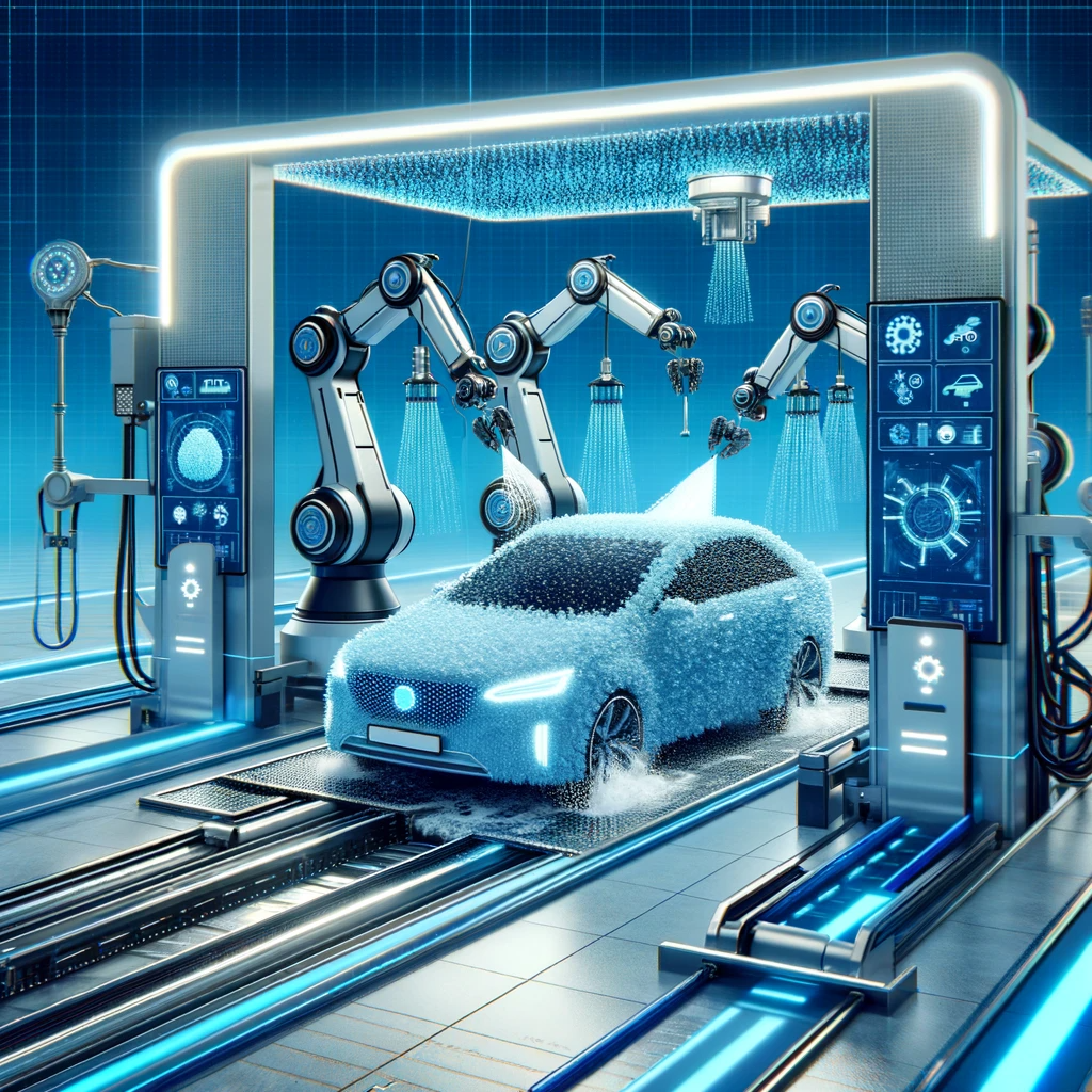 digital rendering of an automated car wash system showcasing advanced machinery with robotic arms applying soap and water jets set against a backdro