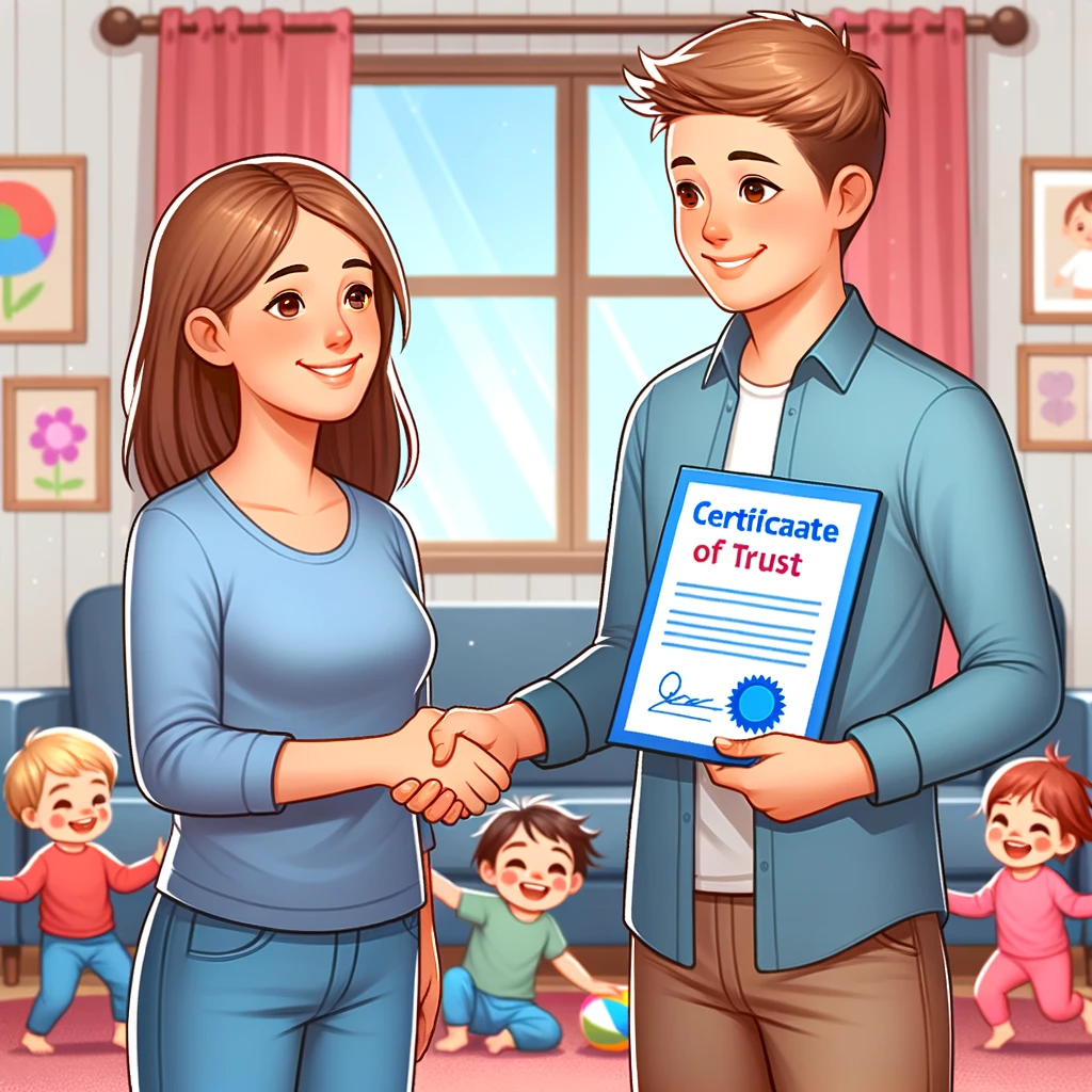 illustration of a babysitter shaking hands with a smiling parent in the foreground while children play in the background symbolizing building trust