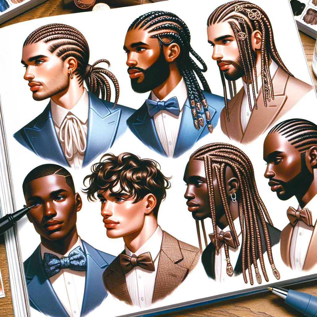 illustration of a fashion forward mens wedding hair magazine spread featuring diverse models with box braids styled in various ways the spread incl