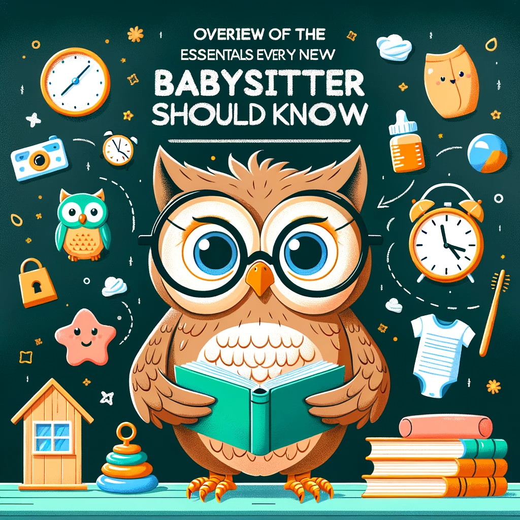 illustration of a friendly owl wearing glasses and holding a book surrounded by icons representing babysitting essentials such as a diaper toy cloc