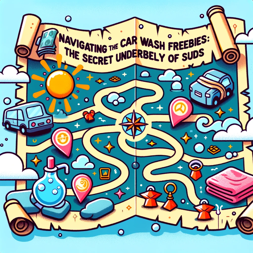 illustration of a treasure map leading to a car wash with symbols and markers indicating special offers and free services representing the discovery