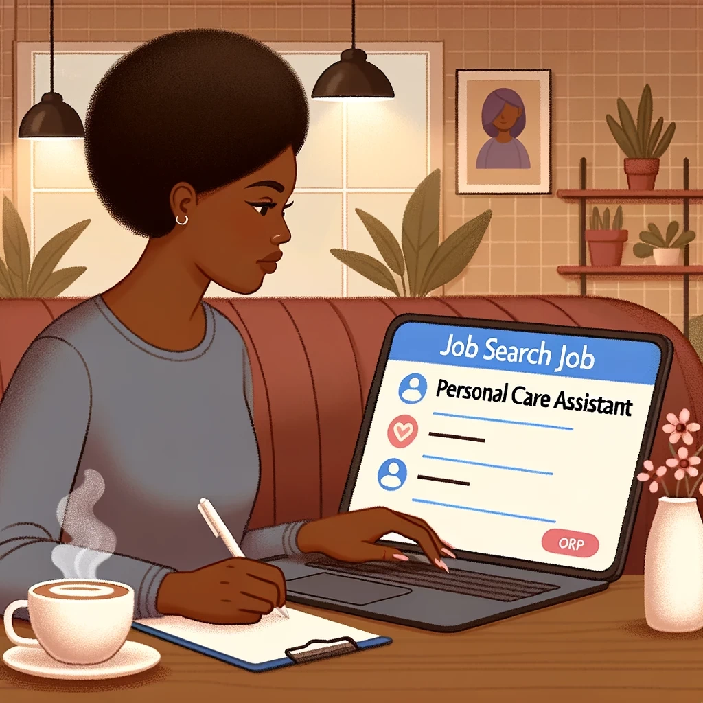 illustration of a young african american woman searching for personal care jobs on a laptop in a cozy coffee shop the screen displays a popular job s