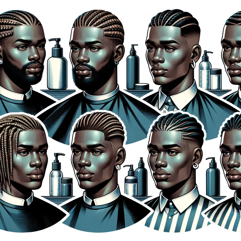 illustration showing a range of men with different face shapes and hair types each sporting box braids the men are depicted in a barbershop setting