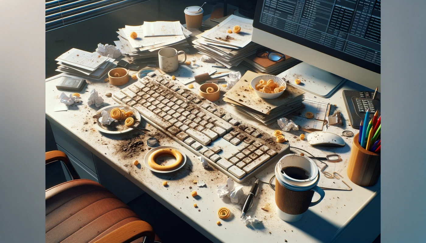 keyboard crumbs and coffee cup rings a disgraceful display of desk hygiene