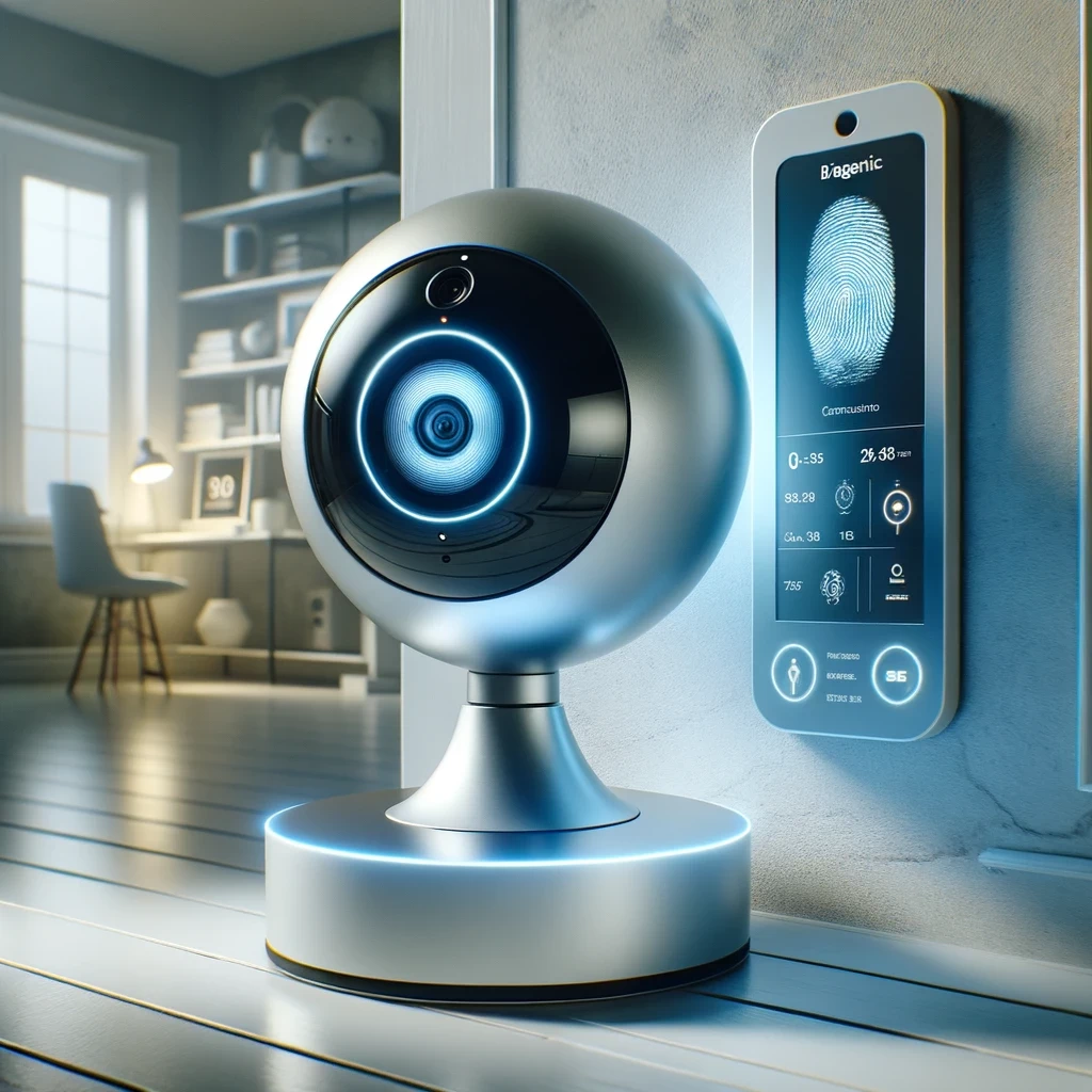 photo of a futuristic home security camera system with biometric scanning capabilities prominently featuring a sleek spherical camera mounted on a c