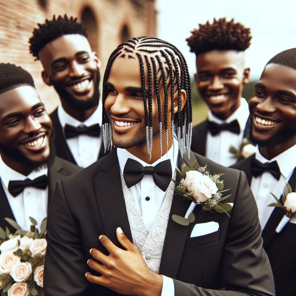 photo of a groom on his wedding day showcasing the practical benefits of box braids with the hairstyle perfectly intact after various wedding activit