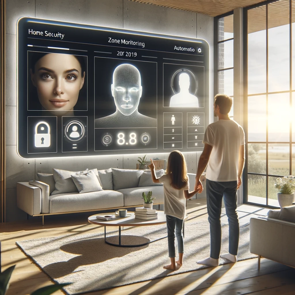 photo of a high tech home security touchscreen interface being operated by a caucasian family in a sunlit modern living room the interface shows soph
