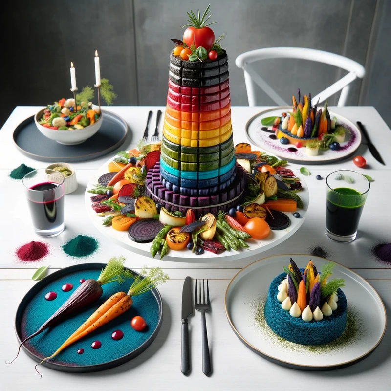 photo of a main course arrangement for a color themed party featuring a colorful grilled vegetable tower