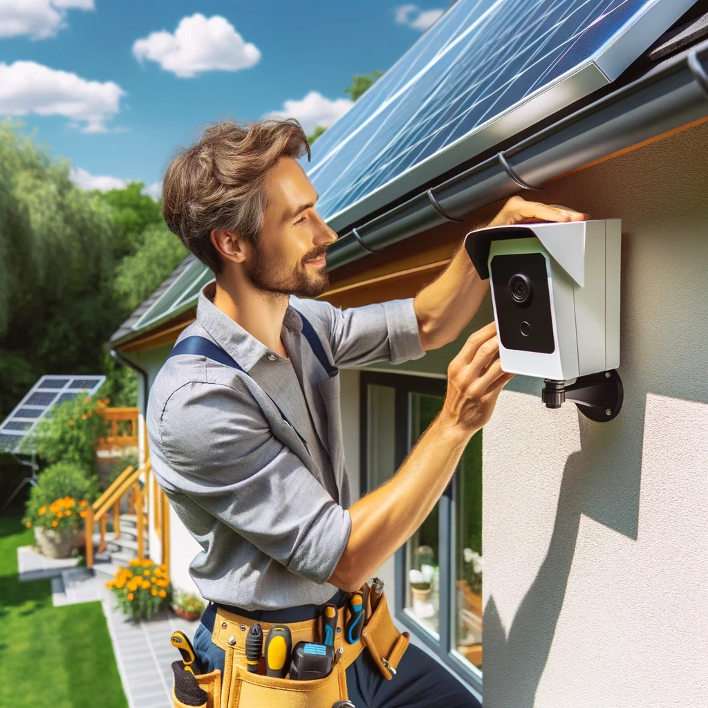 photo of a technician installing a solar powered security system on a bright sunny day the technician wearing a tool belt is adjusting a